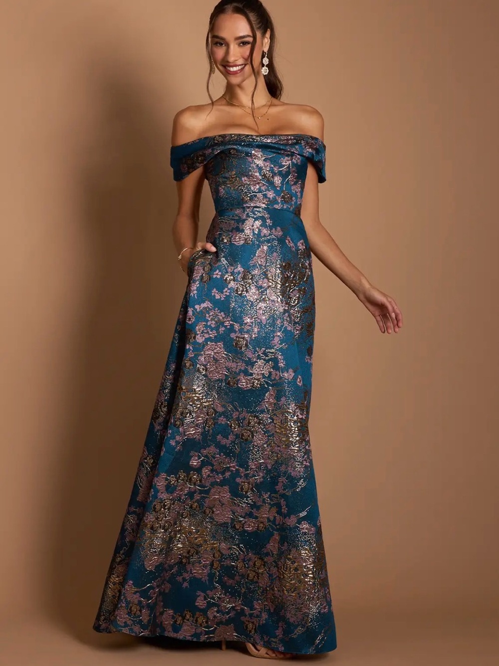 Azazie Teal One-Shoulder Floral Jacquard Gown